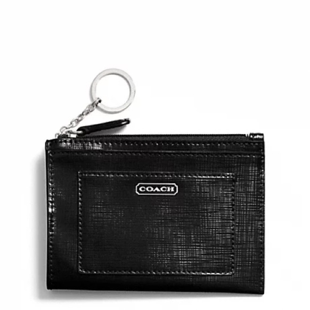 COACH DARCY BLACK CROSSGRAIN SAFFIANO LEATHER KEY RING CARD CASE WALLET